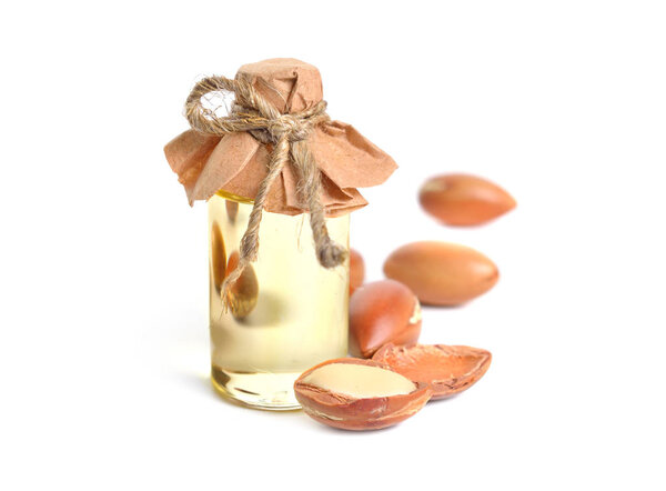 Argan seed oil. Isolated on white background.