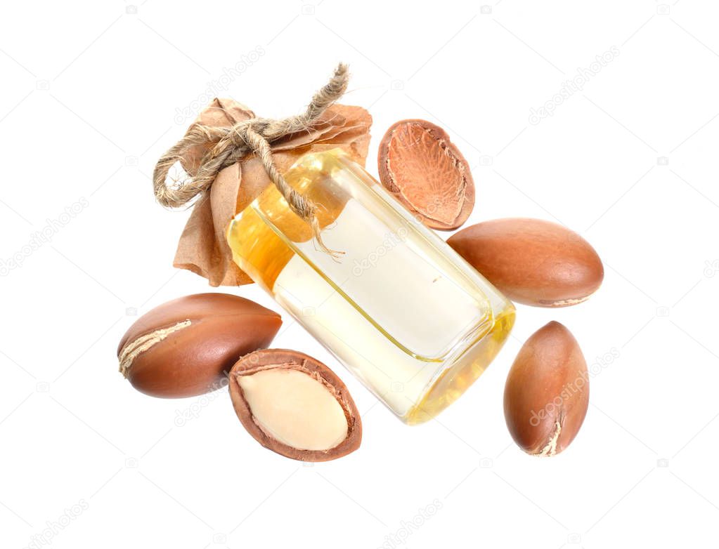 Argan seed oil. Isolated on white background.