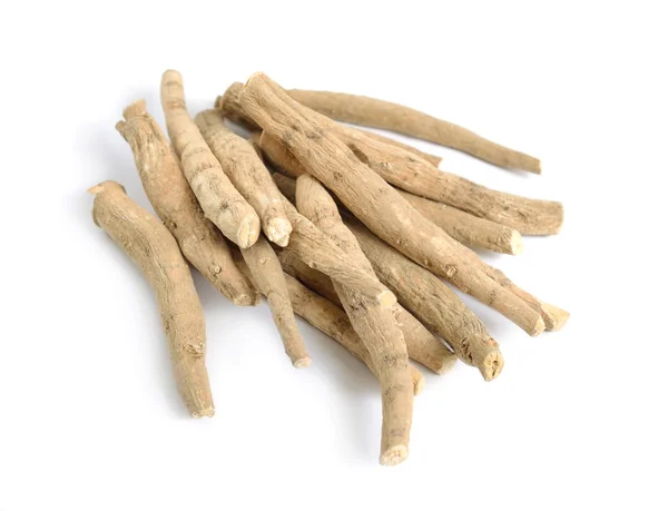 Radice Withania somnifera, conosciuta comunemente come ashwagandha, ginseng indiano, uva spina velenosa o ciliegia d'inverno. — Foto Stock