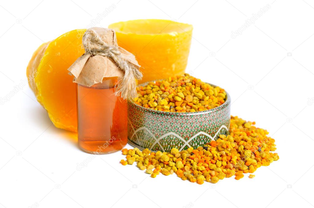 Bee pollen baskets with Beeswax. isolated on white background