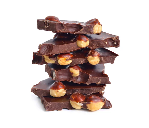 Dark chocolate with hazelnuts. Isolated on white background — Stock Photo, Image