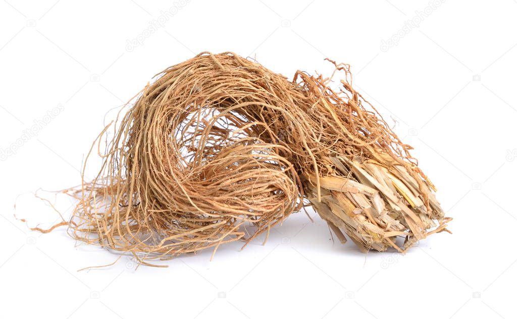Roots of Chrysopogon zizanioides, commonly known as vetiver. Isolated on white background