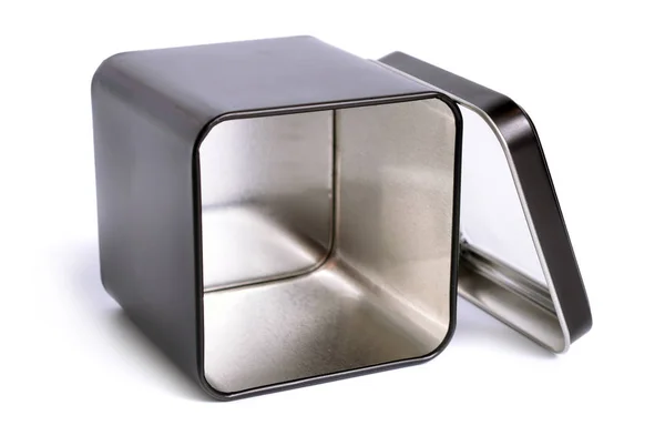 Svart metallboks med et gjennomsiktig lokk isolert på hvitt – stockfoto