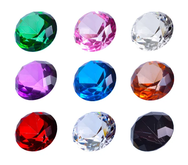 Συλλογή πολύχρωμων γυάλινων κρυστάλλων σε σχήμα διαμαντιού. Απομονωμένες — Φωτογραφία Αρχείου