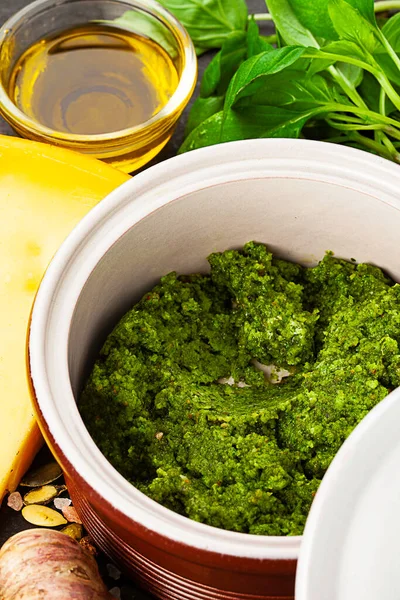 Pesto Ceramic Jar Ingredients Textured Background — Stock Photo, Image