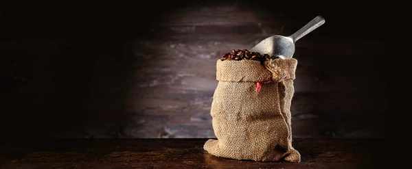 Bag Fresh Roasted Coffee Standing Front Wooden Wall — Stock Photo, Image