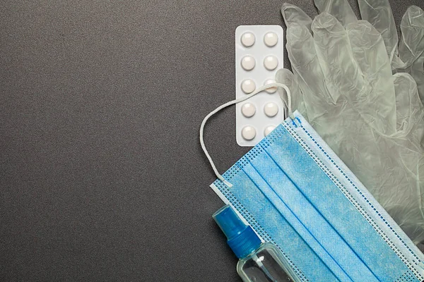 Medical Surgical Mask Sanitizer Gel Lab Gloves Pills Tablets Lying — Stock Photo, Image