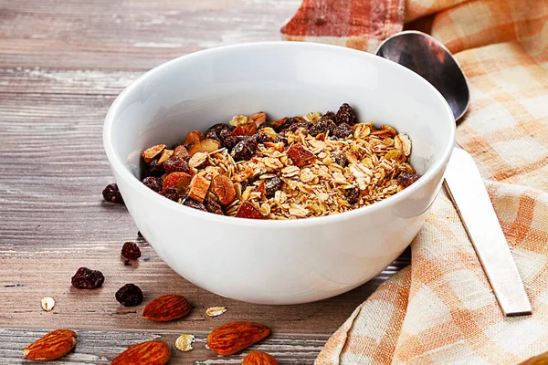 Muesli Bowl Wooden Table Healthy Breakfast Composition Place Your Copy — Stock Photo, Image