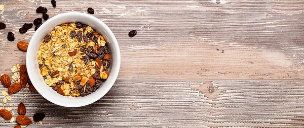 Muesli Kom Amandel Rozijn Houten Tafel Gezonde Ontbijtsamenstelling Plaats Voor — Stockfoto