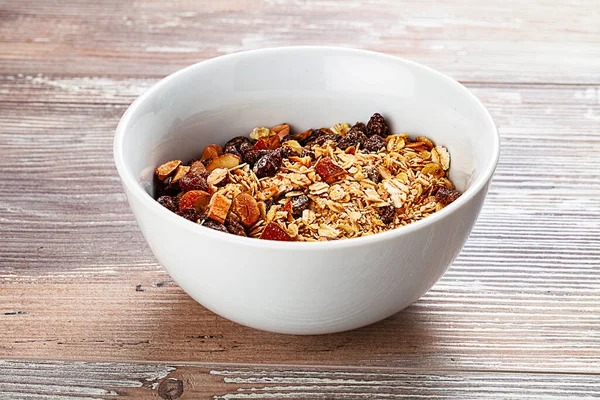 Muesli Tálban Asztalon Egészséges Reggeli — Stock Fotó