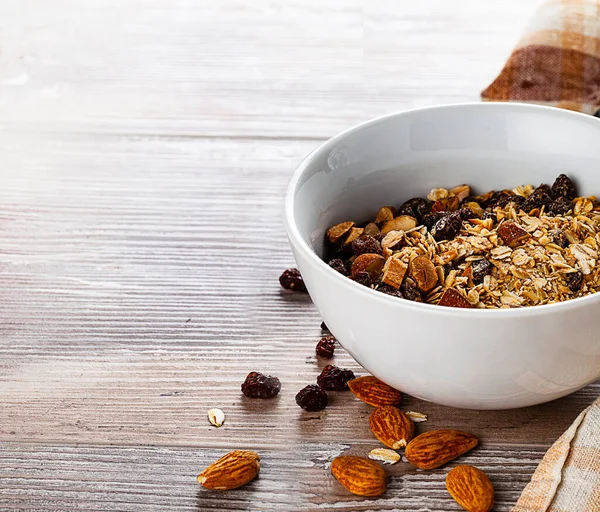 Muesli Tigela Mesa Madeira Composição Saudável Café Manhã Lugar Para — Fotografia de Stock