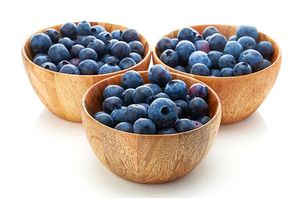 Three Wooden Bowls Blueberry Isolated White Background — Stock Photo, Image