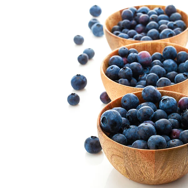 Three Wooden Bowls Blueberry Isolated White Background — Stock Photo, Image