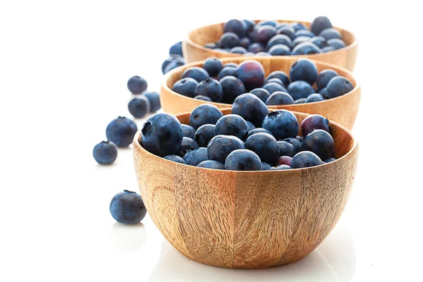 Three Wooden Bowls Blueberry Isolated White Background — Stock Photo, Image