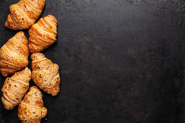 Croissants Lying Sides Old Rustic Background — Stock Photo, Image