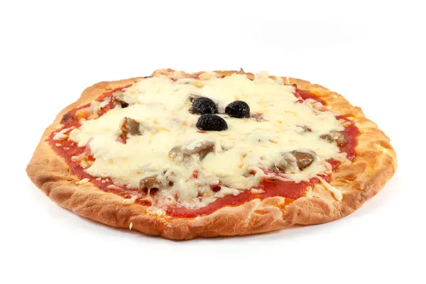 Оригинальная Пицца Белом Фоне Моцареллой Оливками Грибами — стоковое фото
