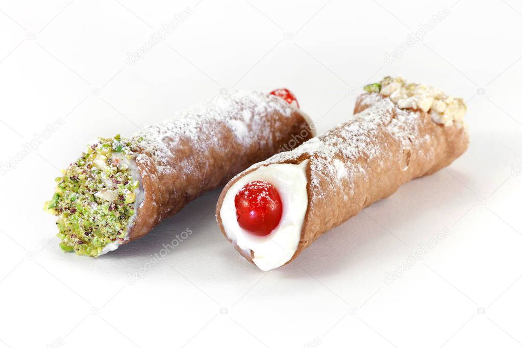Sicilian Cannolo. Typical, original and traditional sweetie symbol of Sicily, Italy. Isolated product on white background.