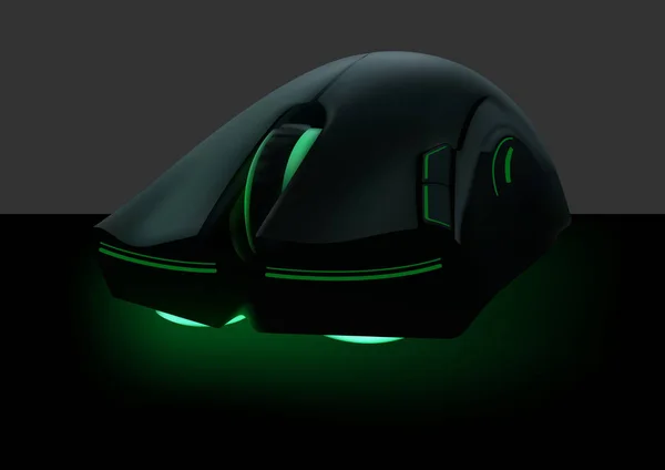 Dark Computer Mouse Illuminated Green Neon Modern Peripheral Hardware Graphic — Stock Vector