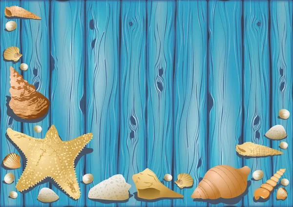 Деревянный Фон Раковинами Декоративная Иллюстрация Подводной Жизнью Вектор — стоковый вектор