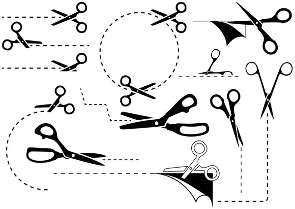 Ilustracja Wektorowa Nożyczki Linii Cięcia Ikony Czarno Białe Lub Symboli — Wektor stockowy