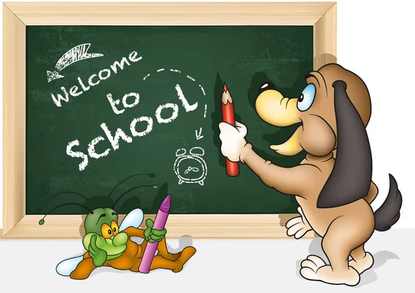 Concept Bienvenue École Avec Chien Bande Dessinée Devant Tableau Illustration — Image vectorielle