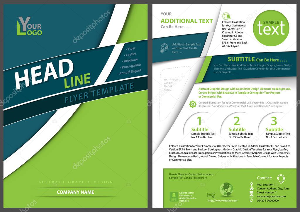 Modern Geometric Flyer Template with Curved Stripes - Abstract Background Illustration in Green and Turquoise Tones, Vector