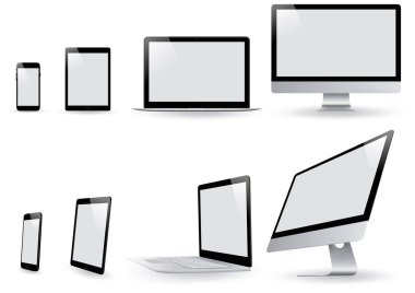 Gerçekçi Set monitör Pc, dizüstü bilgisayar, Tablet ve telefon - renkli illüstrasyon vektör