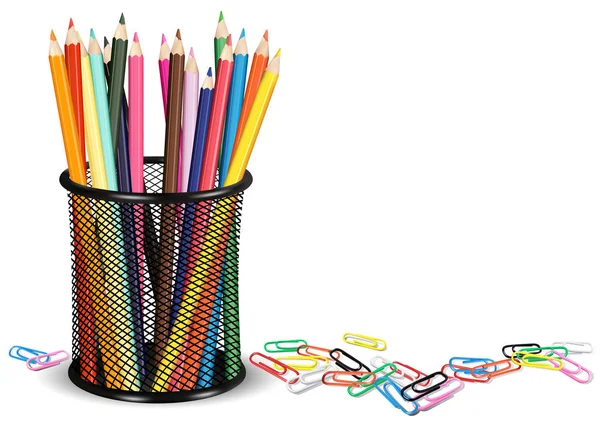 Bleistifte Topf Und Bunte Büroklammern Auf Weißem Grund Hintergrundillustration Für — Stockvektor