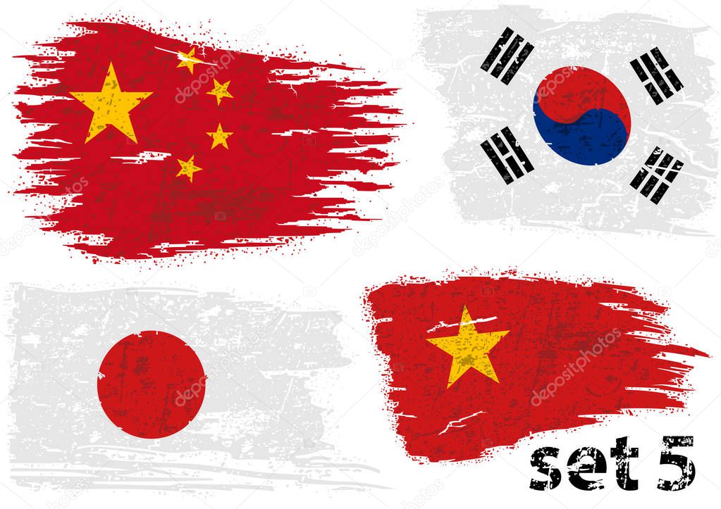 Torn Flag China, South Korea, Japan and Vietnam - Colored Abstract Illustrations, Vector