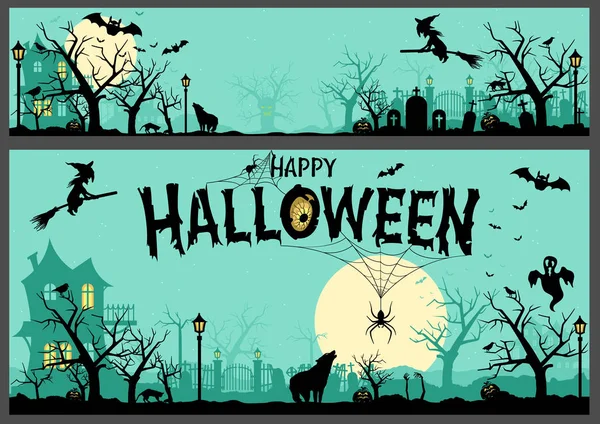 Fondo Halloween Banner Ilustración Colores Con Elementos Miedo Siluetas Negras — Vector de stock