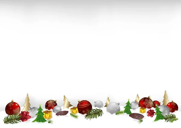 Kerst Achtergrond Illustratie Met Versieringen Gerangschikt Een Rij Sneeuw Vector — Stockvector