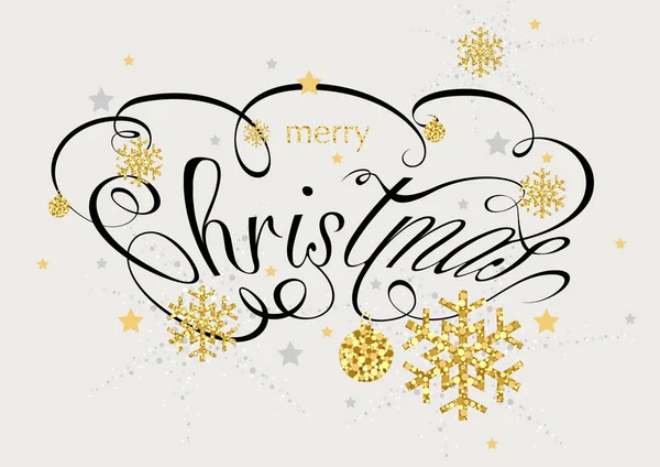 Frohe Weihnachten Kalligrafische Inschrift Verziert Mit Goldenen Schneeflocken Und Kugeln — Stockvektor