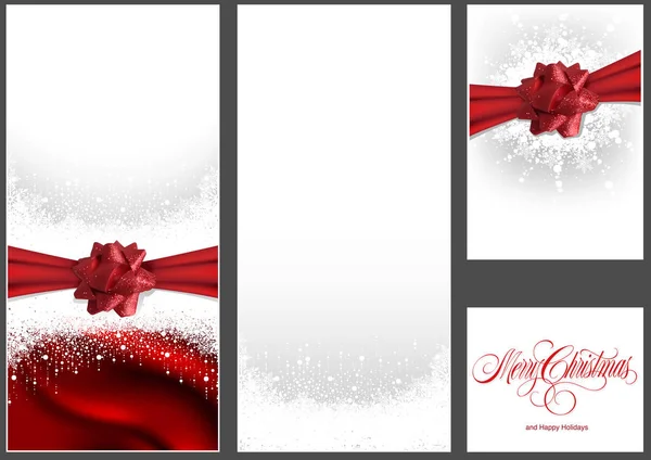 Set Christmas Background Red Bow Red Ribbon Snowflakes Snow Festive — Stock Vector