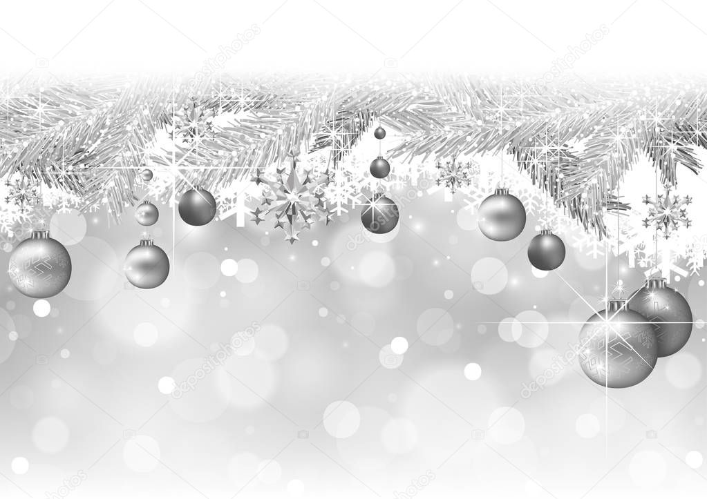 Silver Christmas Background with Silver Snow-covered Branches and Hanging Baubles - Festive Xmas Illustration, Vector