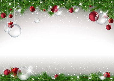 Dalları ve Noel topları ve düşen kar - Noel arka plan illüstrasyon, vektör renkli