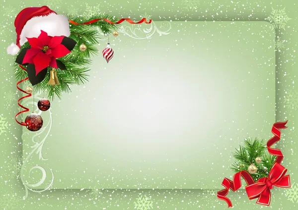 绿色圣诞节背景与圣诞装饰品和圣诞老人帽子和红色弓和冷杉分支和框架与下落雪 向量例证 — 图库矢量图片