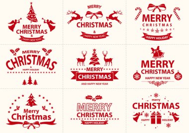 Kırmızı mutlu Noeller etiket - güzel Noel rozet koleksiyonu, vektör çizim seti