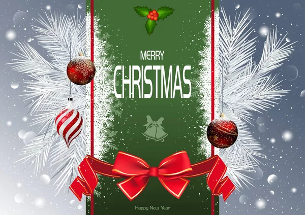 クリスマスの背景に緑の帯 雪枝に赤いクリスマスの飾りと赤い弓 お祝いイラスト ベクター — ストックベクタ