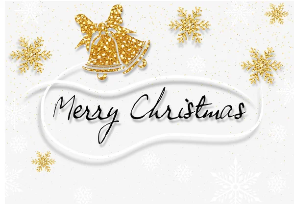 ホワイト メリー クリスマスのあいさつに黄金キラキラ雪の結晶と鐘と黒手書きの碑文 で色お祝いイラスト ベクトル — ストックベクタ
