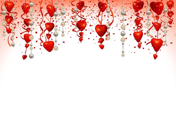 Fond Saint Valentin Avec Coeurs Suspendus Perles Confettis Rouges Illustration — Image vectorielle
