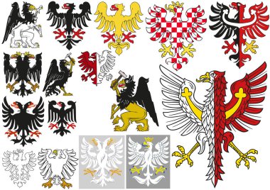 Büyük Heraldik Kartallar - Siyah ve Beyaz Çizimler ve Renkli Çizimler, Vektör