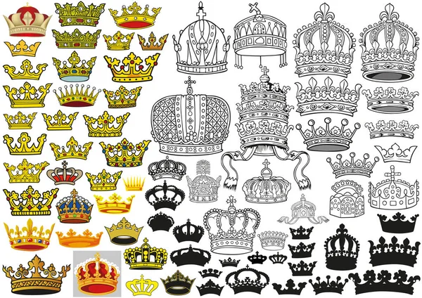 Großes Set Heraldischer Kronen Farbigen Abbildungen Schwarz Umrandeten Abbildungen Und — Stockvektor