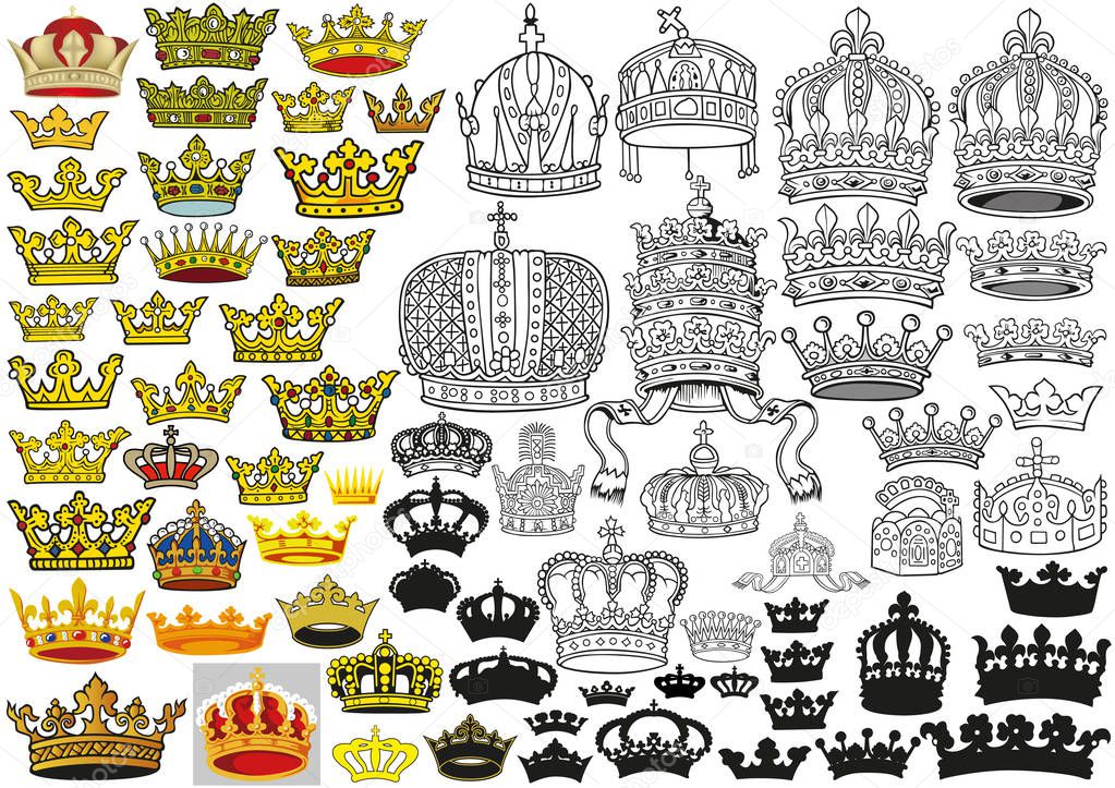 Big Set of Heraldic Crowns in Colored Illustrations, Black Outlined Illustrations and Black Silhouetted Illustrations - Vector
