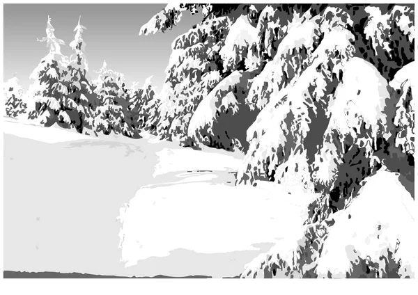 Målade Vinterlandskap Med Snöiga Barrträd Mountain Snowy Illustration Vector — Stock vektor