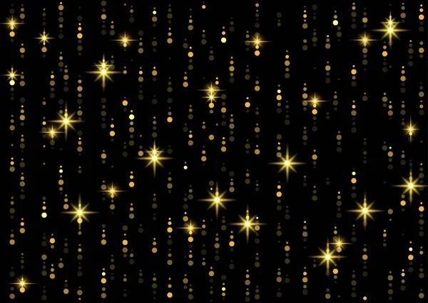 Sparkling Golden Rain Background Falling Starry Lights Black Abstract Vector — Stock Vector