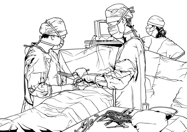 手術室の医師チーム 医学テーマと黒と白のイラスト ベクトルグラフィック — ストックベクタ
