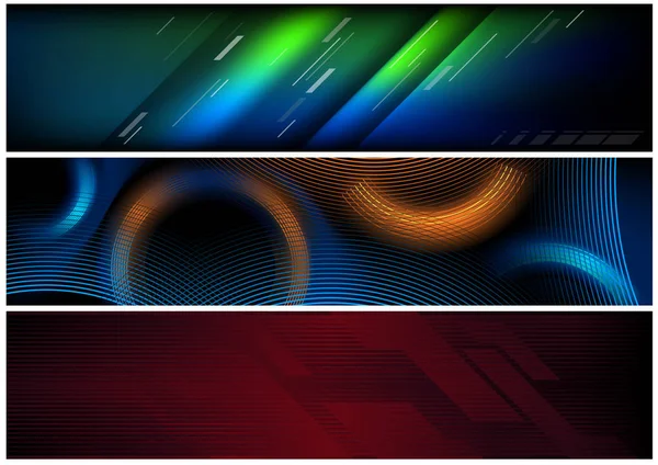 Abstract Tech Futuristic Banner Set Three Graphic Design Illustrations Glowing — Stock Vector