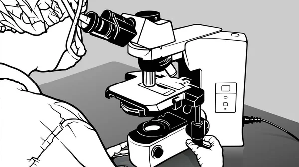 Laboratory Technician Looking Microscope Laboratory Black White Illustration Vector — 스톡 벡터