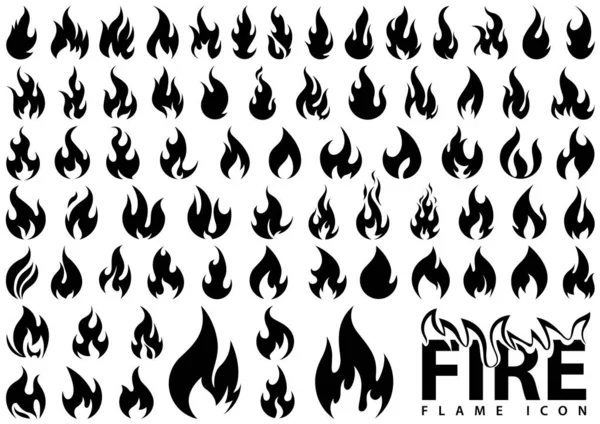 Conjunto Grande Iconos Llama Fuego Ilustraciones Blanco Negro Para Uso — Archivo Imágenes Vectoriales