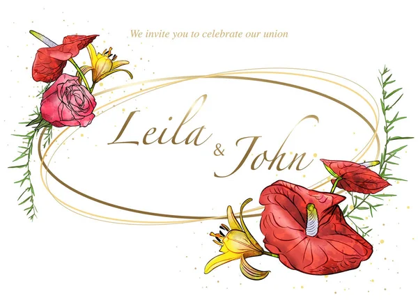 Floral Wedding Invitation Card Watercolor Flowers Leafs Golden Decoration Colored — стоковий вектор